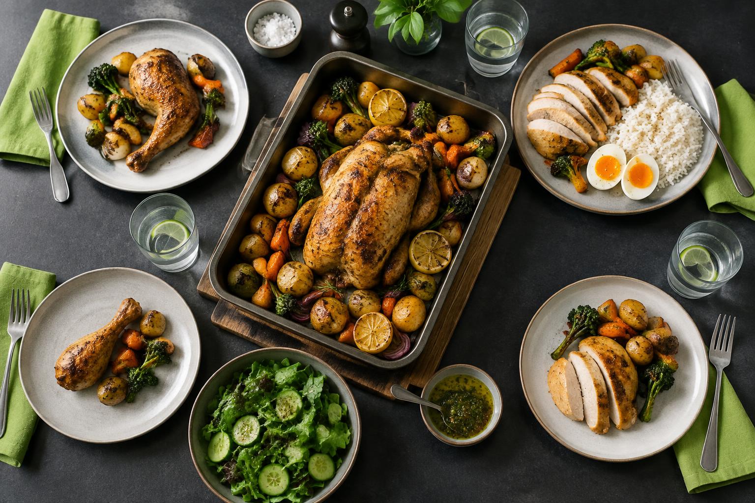 A shared roast chicken tray bake with four plates portioned differently around it